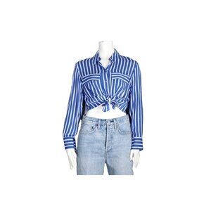 Zara Women's Size Medium Blue Striped Button-Up Blouse Cropped Shirt Collar Top